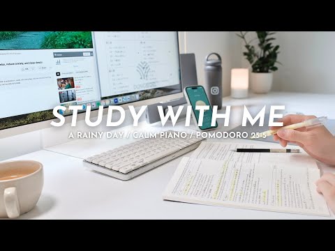 🌧️ 2-HOUR STUDY WITH ME | 🎹 Calm Piano, Gentle Rain | Pomodoro 25/5 | Japanese Study