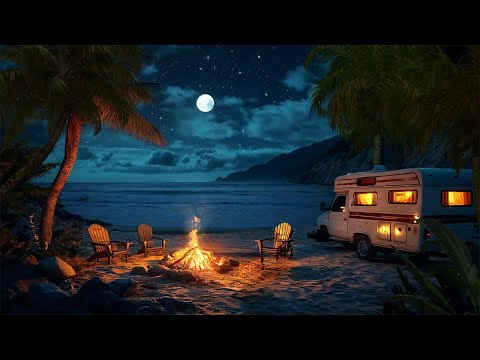 Seaside Camping Serenity | Crackling Fire & Relaxing Ocean Waves | Feel Peace and Calm