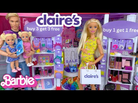 Barbie Doll Family Mall Shopping at Claire's and Book Store