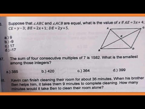 Geometry: Suppose that AngleABC and AngleACB are equal, what is the value of x if AE =3x+ 4...