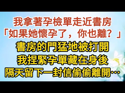 《我想離婚》第01集： 我拿著孕檢單走近書房，「如果她懷孕了，你也離？」，書房的門猛地被打開，我捏緊孕單藏在身後，隔天留下一封信偷偷離開……#戀愛#婚姻#情感 #愛情#甜寵#故事#小說#霸總