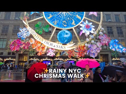 4k Christmas Rain Walk ☔️ ✨🎄🎀 Christmas in NYC | Saks Fifth Avenue Lights | Gallaghers Steakhouse 🥩🍷