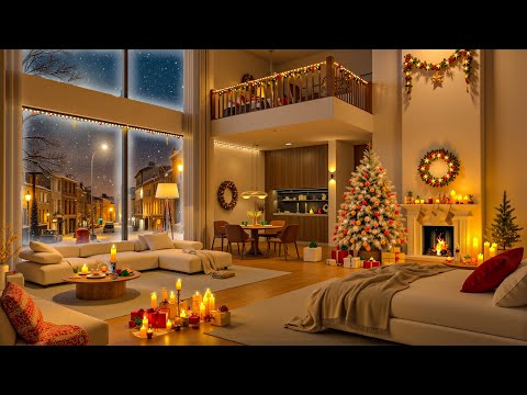 🎄Christmas 2025 by the Fireplace of Luxurious Apartment ❄ Snowing Ambience with Christmas Jazz Music