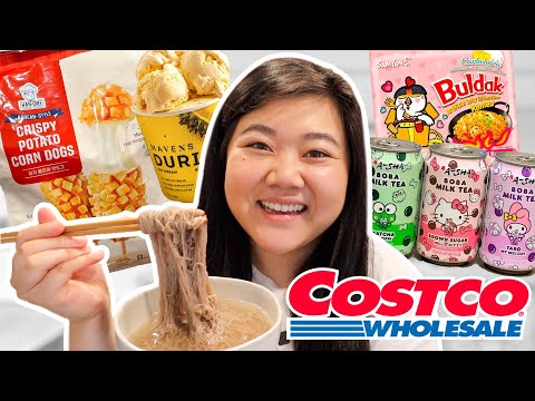 Trying NEW ASIAN FOOD at COSTCO Part 2! (korean corndogs, hello kitty boba, samyang ramen + more)