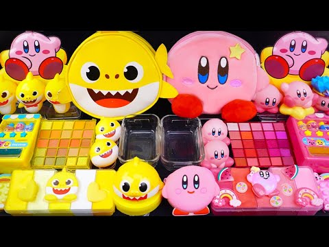 Babyshark vs kirby Slime Mixing Eyeshadow,Glitter & Random things into slime #asmr #satisfyingslime