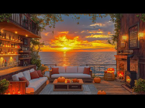 Halloween Jazz Vibes In A Coastal Cafe | Energetic Jazz And Ocean Waves For Positive Energy