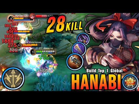 28 Kills!! MVP 17.3 Points Hanabi Best Build Gold Lane!! - Build Top 1 Global Hanabi ~ MLBB