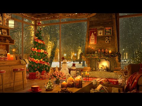 4K Snow Night on Window at Christmas Coffee Shop Ambience ☕ Relaxing Jazz Music to Relax/Study to