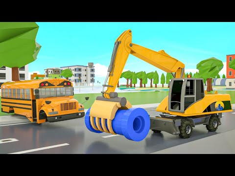 Wheels On the Bus song - Excavator Helps School Bus - Baby Nursery Rhymes & Kids Songs