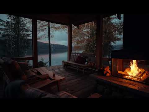 Relaxing Rain on a Cabin Porch by the Lake | Crackling Fireplace & Soft Rain