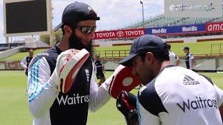 England cricket pair Moeen Ali and Ravi Bopara hit the boxing pads in training