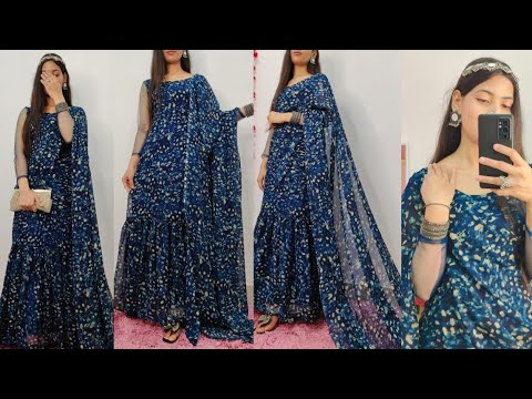 Saree style gown cutting & Stitching/ 2 in 1 dress/30 sec ready to wear saare/Viral dress designing