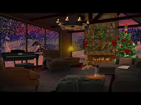 Relaxing Solo Piano Music! 8 Hour Playlist with Winter, Snowfall & Fireplace, Fire Crackling Sounds