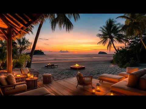 Tropical Beachfront Oasis at Sunset 🌅 | Cozy Fire Pit, Soft Lantern Glow, and Relaxing Waves