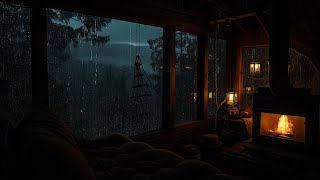 Relaxing Warm  Ambience w/ Fireplace in a Log Cabin and Rain on window at midnight