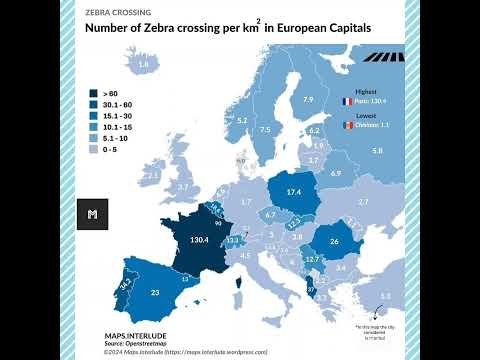 Number of Zebra Crossing per km² in European Capitals! #map #zebra #crossing #youtubeshorts