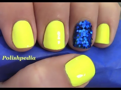 Neon Yellow Nails With A Glitter Accent Nail