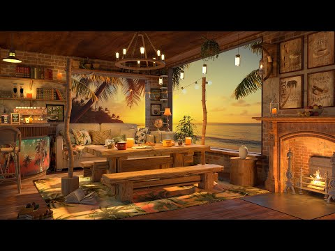 4K Beach Sunset Coffee Shop Ambience ☕ Smooth Piano Jazz Music for Relaxing, Studying and Working