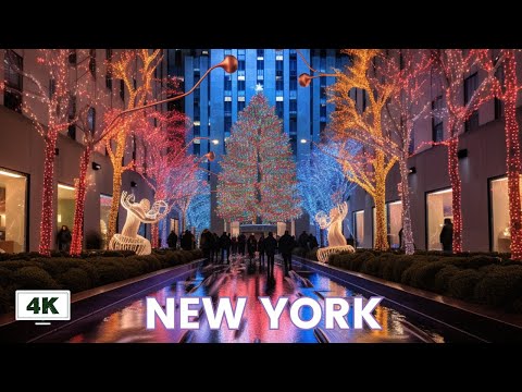 4K NYC Christmas Night Walk - Saks Fifth Avenue Light Show 2023 - Rockefeller Center - Bryant Park