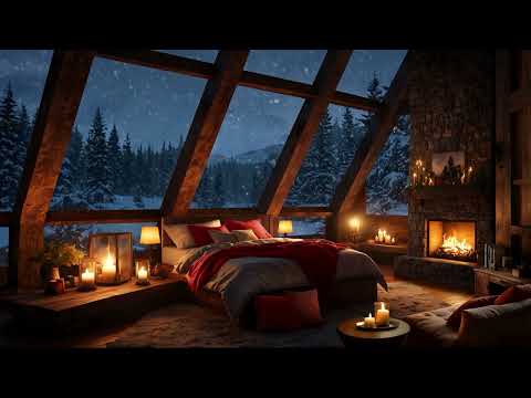 Sleep in Fireplace & Blizzard Sounds Ambience | 8hr Cozy Winter Bedroom Vibe