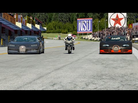 Kawasaki Ninja H2R vs Bugatti Chiron vs Bugatti Veyron 16.4 SS at Old SPA