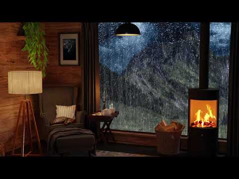 Rainy Day In A Cozy Mountain Hut With Crackling Fireplace - Ambience For Sleeping, Relax, Study