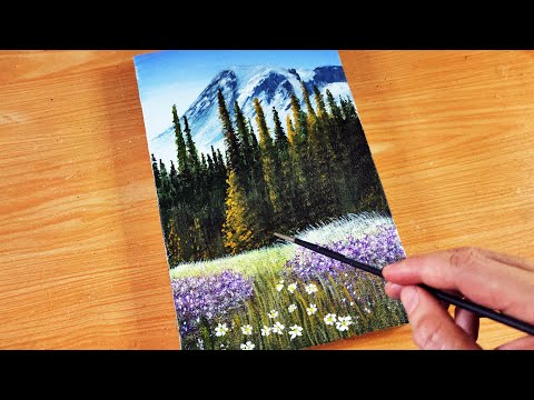 Easy Drawing Mountain Flower Field / Acrylic for Beginners