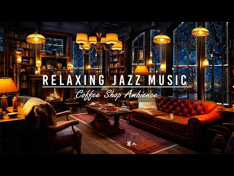 Nighttime Sleep Jazz Music for Deep Sleep, Relaxing ☕ Cozy Night Cafe Ambience & Crackling Fireplace