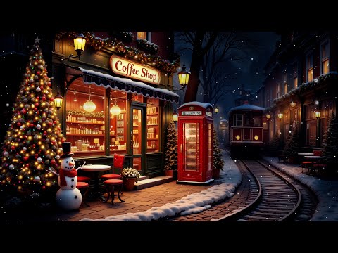 Relaxing Christmas Jazz with Snowfall Ambience 🎄 Cozy Christmas Coffee Shop by the Rails