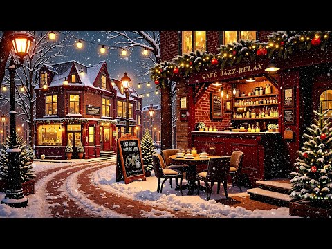 Relaxing Snowy Night at a Cozy Coffee Shop with Christmas Jazz 🎄 Cozy Christmas Ambience