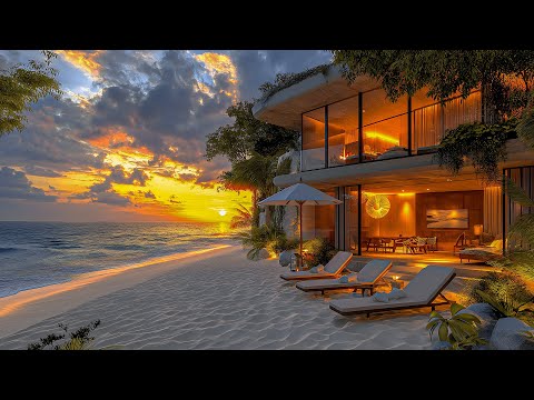 October Sunset Jazz In A Seaside Villa | Energetic Jazz And Ocean Waves For Positive Vibes