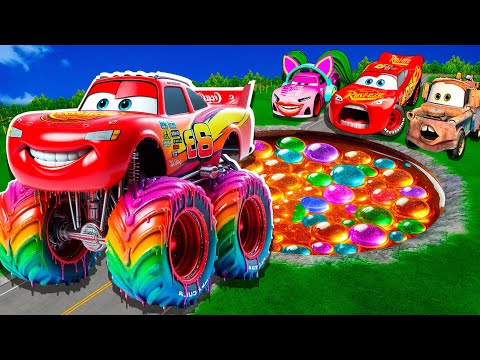 JELLY Pit Paint & Transform In Big & Small:McQueen FireTruck & Mater vs  Pixar Cars! Beam.NG Drive