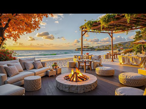 Serene Autumn Porch by the Sea with Gentle November Jazz and Crackling Fireplace for Focused Work