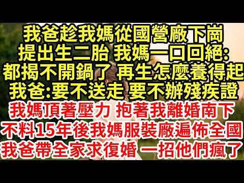 我爸趁我媽從國營廠下崗提出生二胎 我媽一口回絕:都揭不開鍋了 再生怎麼養得起，我爸:要不送走 要不辦殘疾證！我媽頂著壓力 抱著我離婚南下，不料15年後我媽服裝廠遍佈全國#為人處世#養老#中年#情感故事