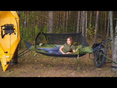 Solo Camping Girl in a Hammock Tent: Lake Shore Fishing in a Folding Kayak ASMR