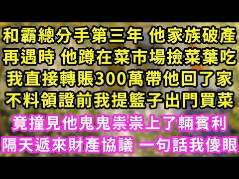 和霸總分手第三年 他家族破產，再遇時 他蹲在菜市場撿菜葉吃，我直接轉賬300萬帶他回了家，不料領證前我提籃子出門買菜，竟撞見他鬼鬼祟祟上了輛賓利，隔天遞來財產協議 一句話我傻眼甜寵#灰姑娘#霸道總裁