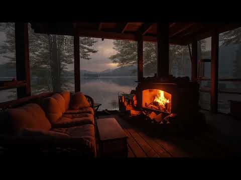 Sleep, Relaxing and Stress Relief with Cozy Fireplace Crackling and Rain Falling by the lake