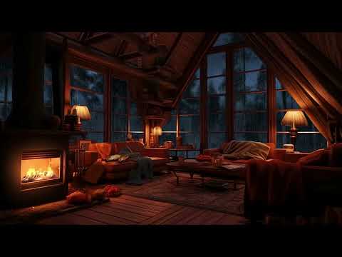 Rain at Night and Crackling Fire in a Cozy Hut Cabin - Relaxing Ambience for Sleep, Study, Relax