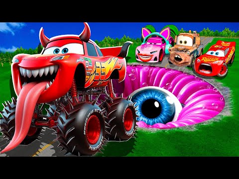 Rainbow Pit Transform In Big & Small: Lightning Mcqueen  & Mater vs  Pixar Cars! Beam.NG Drive!