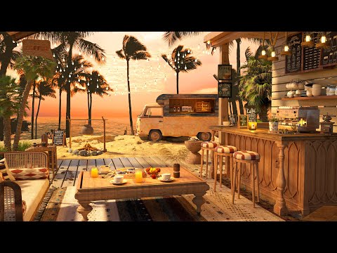 4K Summer Sunset Cozy Coffee Shop By The Sea ☕ Piano Jazz Music for Relaxing, Studying and Working