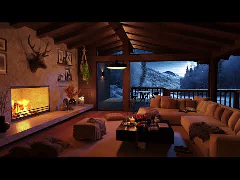 Cozy Winter Log Cabin with Crackling Fireplace and light Wind Sounds in the Background