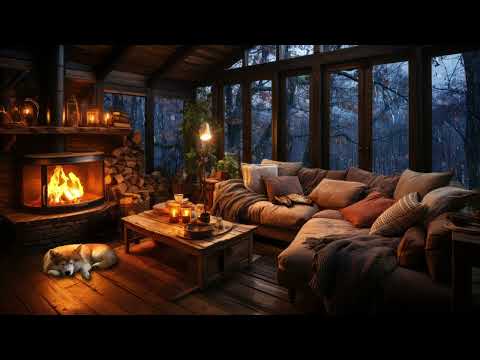 Rainy Autumn Day with Crackling Fireplace in a Cozy Hut Ambience - Relax, Sleep or Study