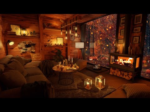 Autumn Day With Crackling Fire & Rain Sounds In A Cozy Cabin | Halloween Pumpkins | 3 Hours | Relax