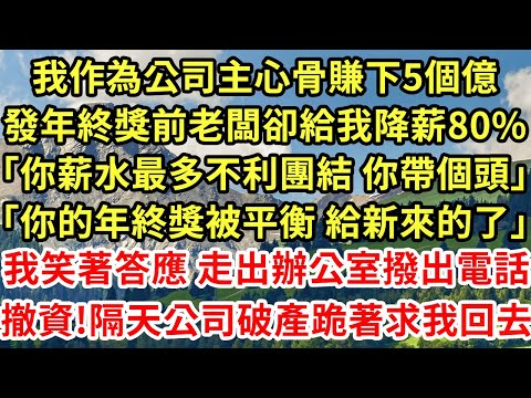 我作為公司主心骨賺下5個億，發年終獎前老闆卻給我降薪80%「你薪水最多不利團結 你帶個頭」「你的年終獎被平衡 給新來的了」我笑著答應 走出辦公室撥出電話撤資!隔天公司破產跪著求我回去#為人處世#養老