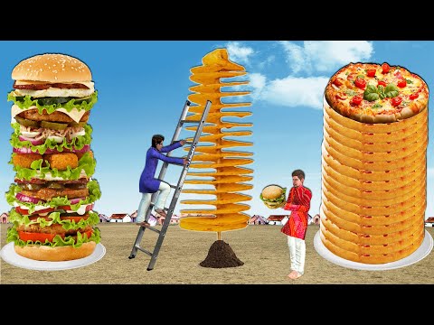 विशाल भोजन चुनौती Giant Food Challenge Burger Pizza Potato Comedy Video Hindi Kahaniya Moral Stories