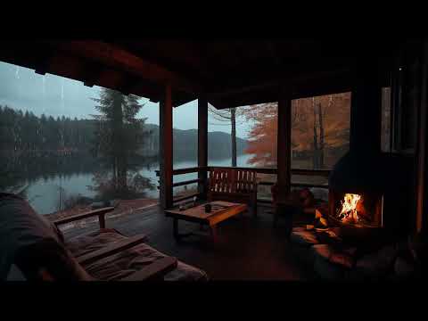 Cabin Porch Rainfall by the Lake | Fireplace Sounds for Relaxing Sleep