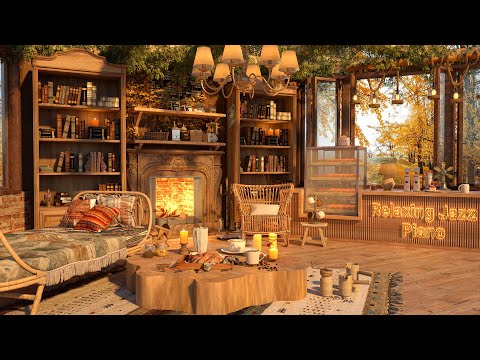 4K Coffee Shop Ambience and Soothing Autumn Rain on the Forest with Jazz Music for Study/Work to