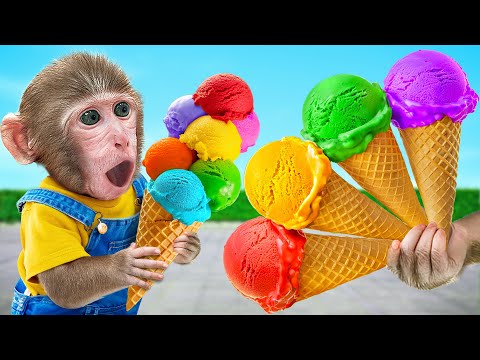 KiKi Monkey take Yummy Four Colors Ice Cream in the Ice Cream Truck | KUDO ANIMAL KIKI