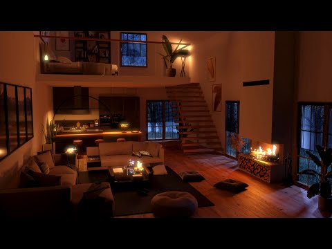 Thunderstorm, Rain and Crackling Fireplace in a Cozy Modern Cabin - Relax, Sleep, Study