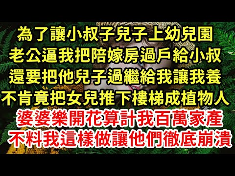 為了讓小叔子兒子上幼兒園,老公逼我把陪嫁房過戶給小叔,還要把他兒子過繼給我讓我養,不肯竟把女兒推下樓梯成植物人,婆婆樂開花算計我百萬家產,不料我這樣做讓他們徹底崩潰#為人處世#養老#中年#情感故事